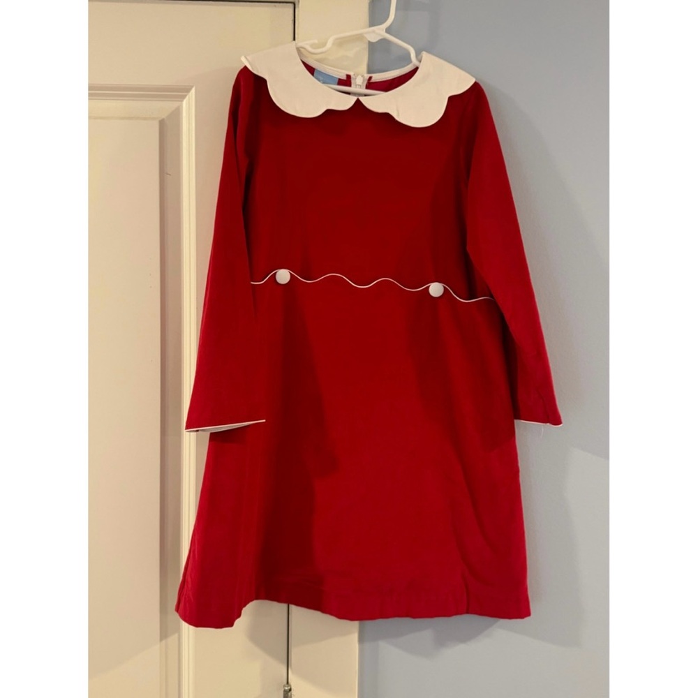 Bella Bliss Girls size 8 red micro corduroy dress with white scalloped collar.